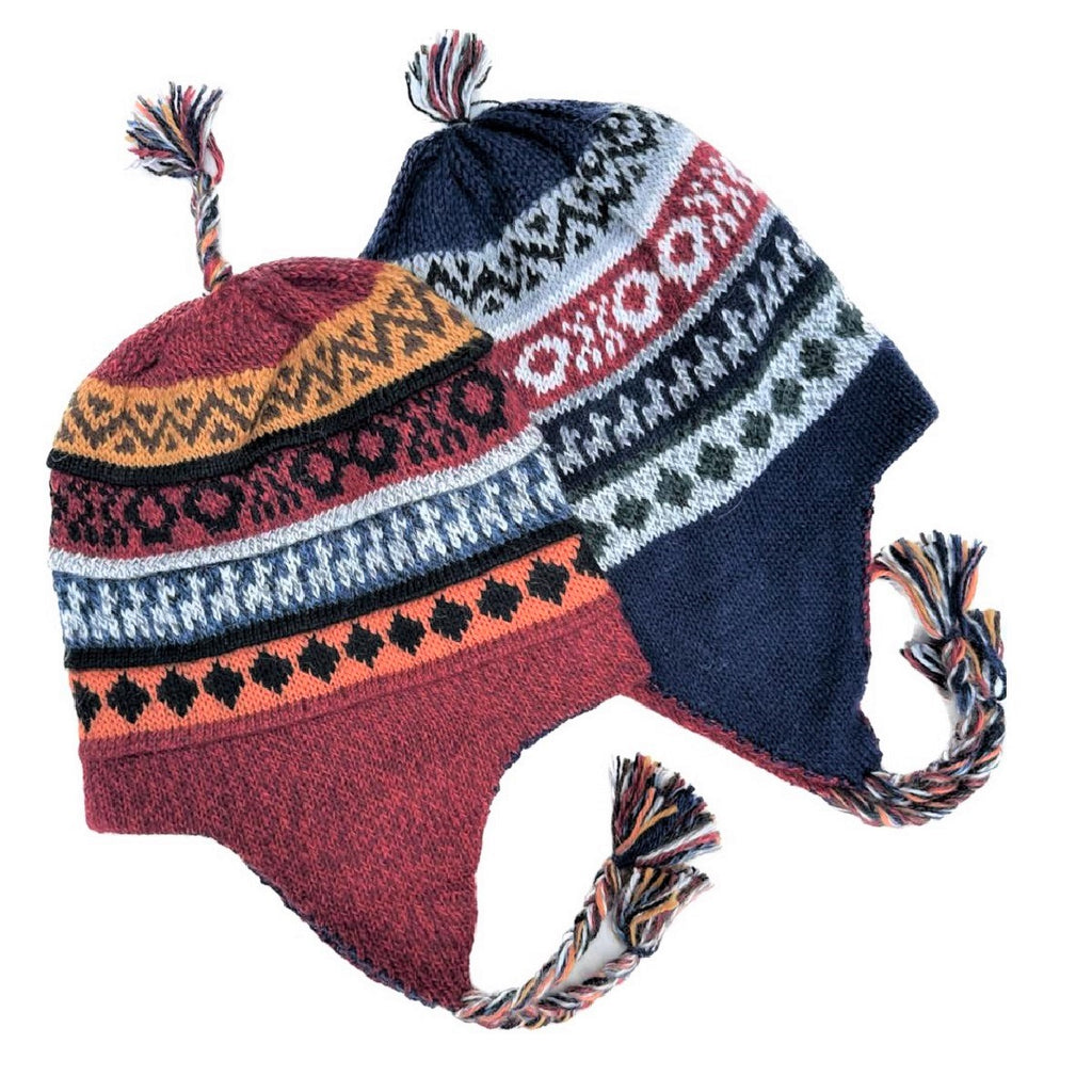 Alpaca Hats - Reversible Chullo Hand-Knitted Children's Hat (CH106) burgundy/blue