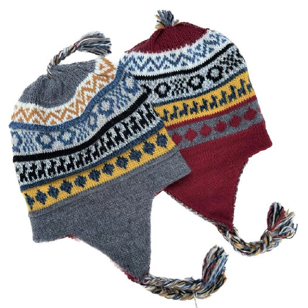 Alpaca Hats - Reversible Chullo Hand-Knitted Children's Hat (CH106) gray/burgundy