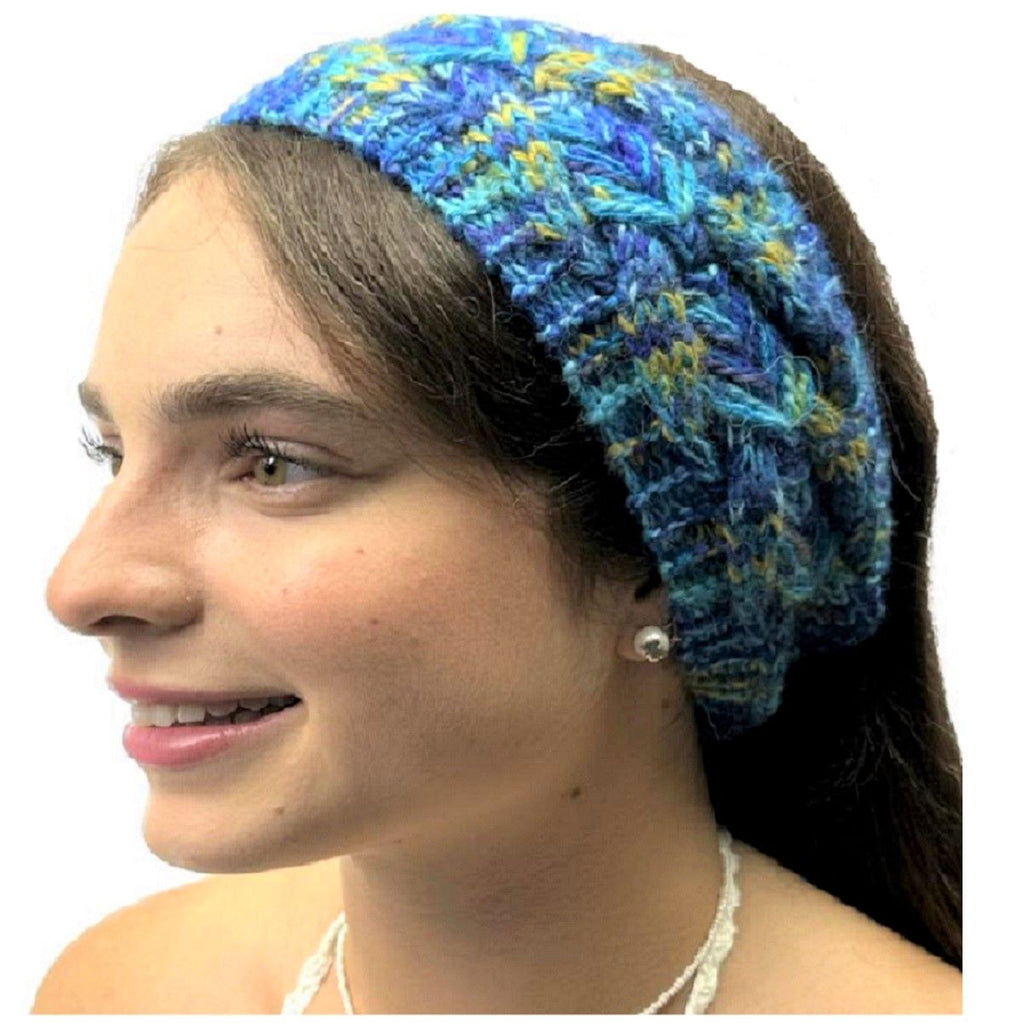 Alpaca Headband - Hand Knitted Hand Dyed Headband (HB109) Blue Gold