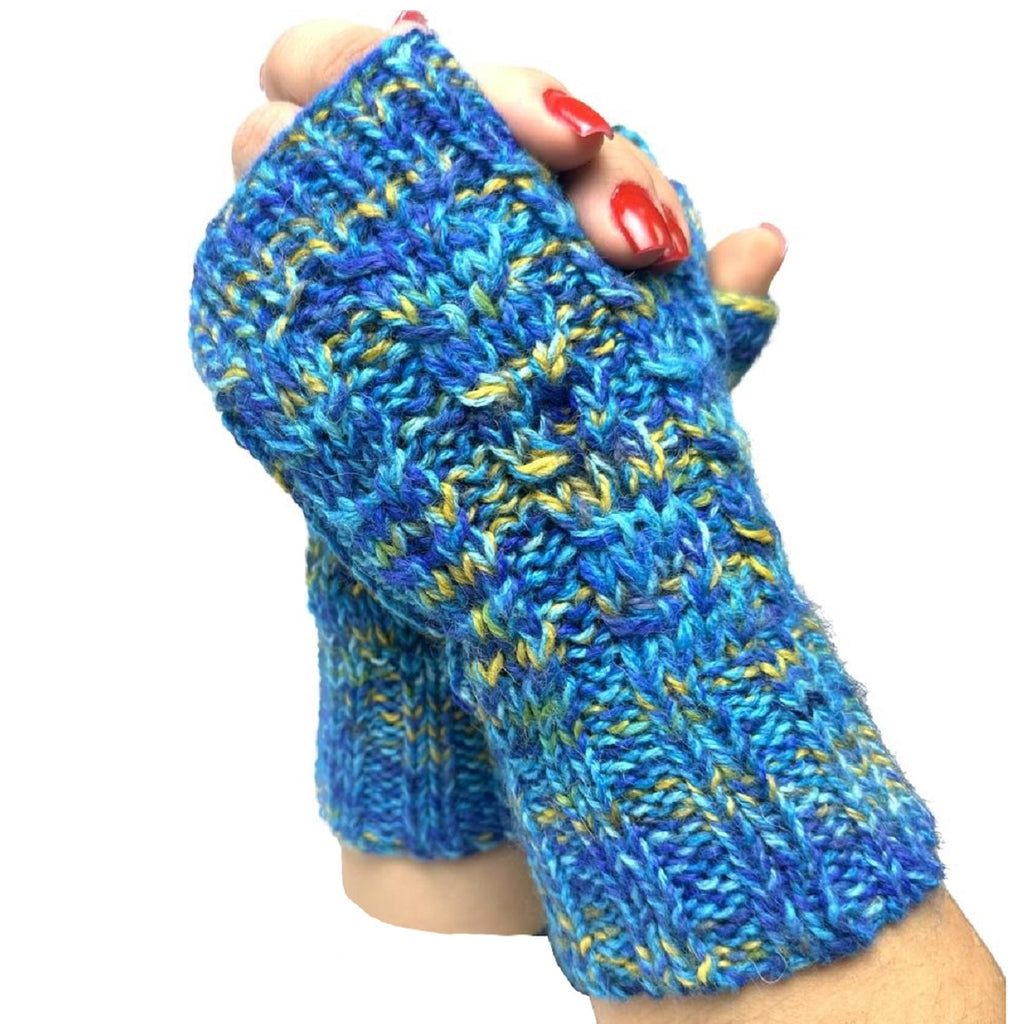 Alpaca Gloves - Alpaca Hand-Dyed Hand-Knitted Fingerless Gloves (MOI309) blue/greens
