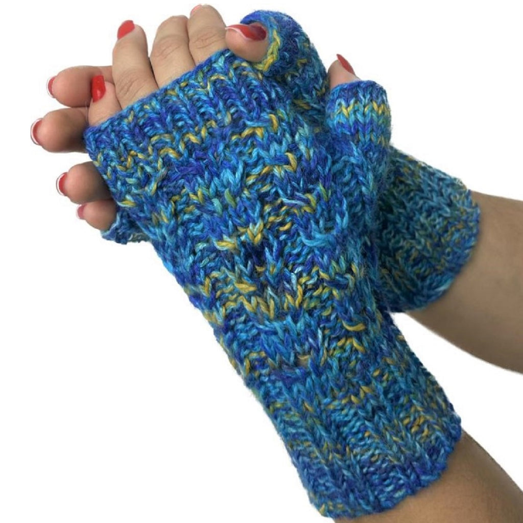 Alpaca Gloves - Alpaca Hand-Dyed Hand-Knitted Fingerless Gloves (MOI309) blues/greens