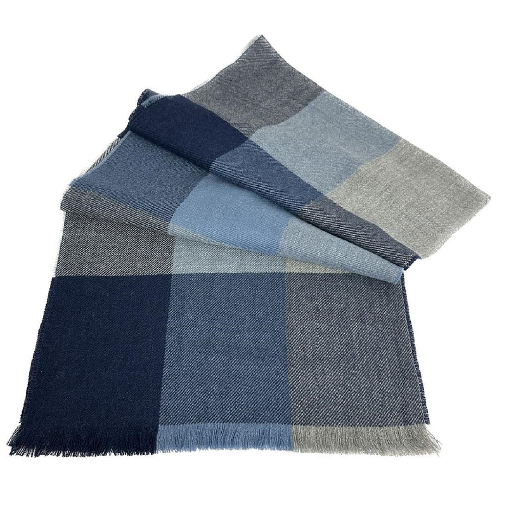 100% Baby Alpaca, Blue and Gray Plaid, Woven Scarf (JUL211)