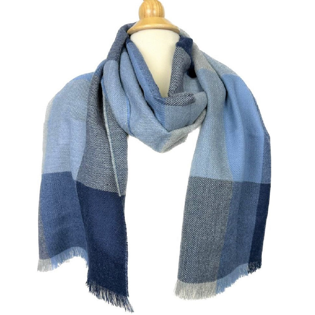 100% Baby Alpaca, Blue and Gray Plaid, Woven Scarf (JUL211)
