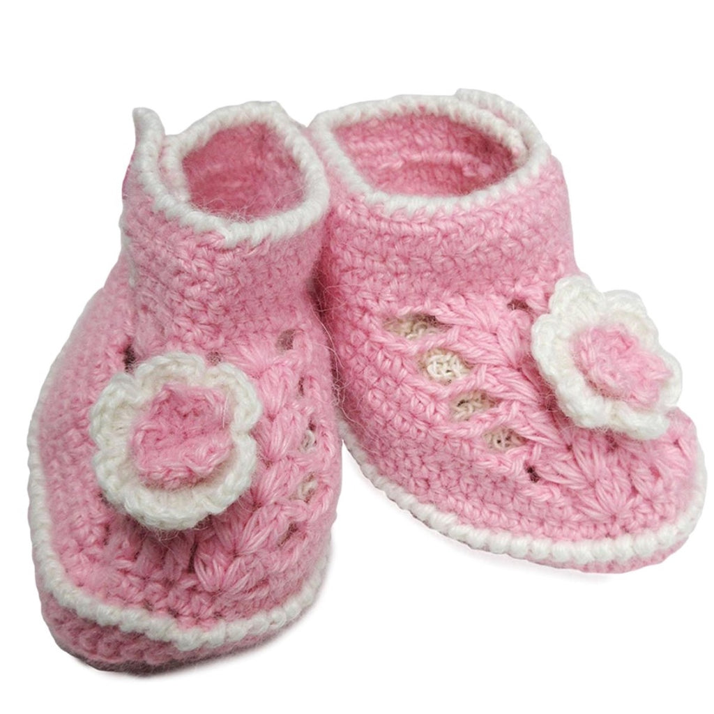 Alpaca, Alpaca Baby Booties, Hand Knitted Shoe Design Baby Booties Pink with Flowers (BB222), Alpaca Products, Hypoallergenic, Apparel, Alpaca Clothing