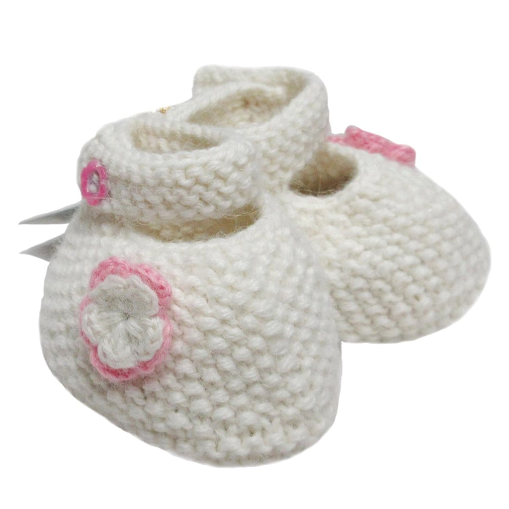 Alpaca, Alpaca Baby Booties, Hand Knitted Shoe Design Baby Booties White with Flowers (BB221), Alpaca Products, Hypoallergenic, Apparel, Alpaca Clothing
